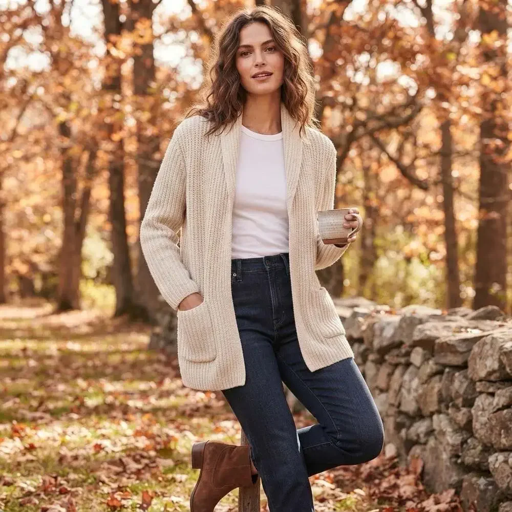 Banana Republic Sz M Chunky Knit Heavyweight Cardigan Sweater Cream Pockets